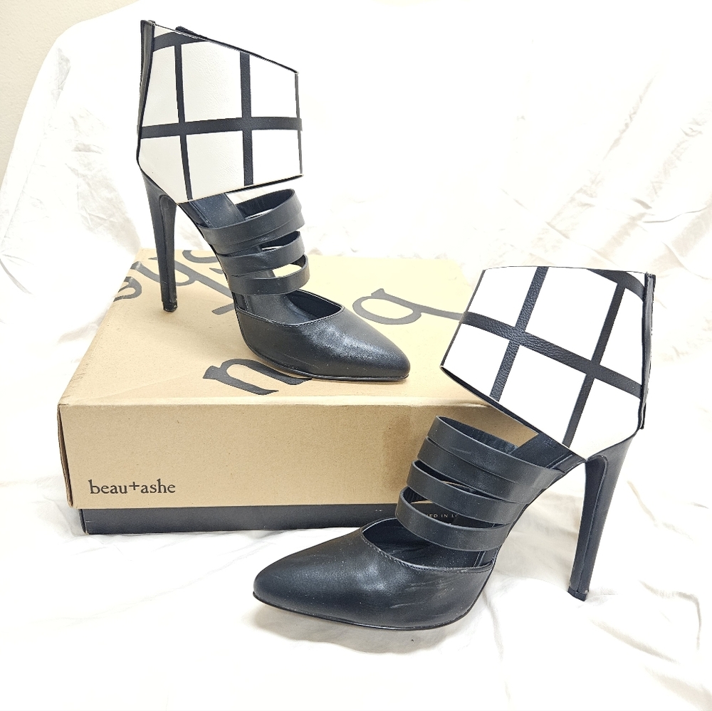 Beau+Ashe Black and White Strappy Heels